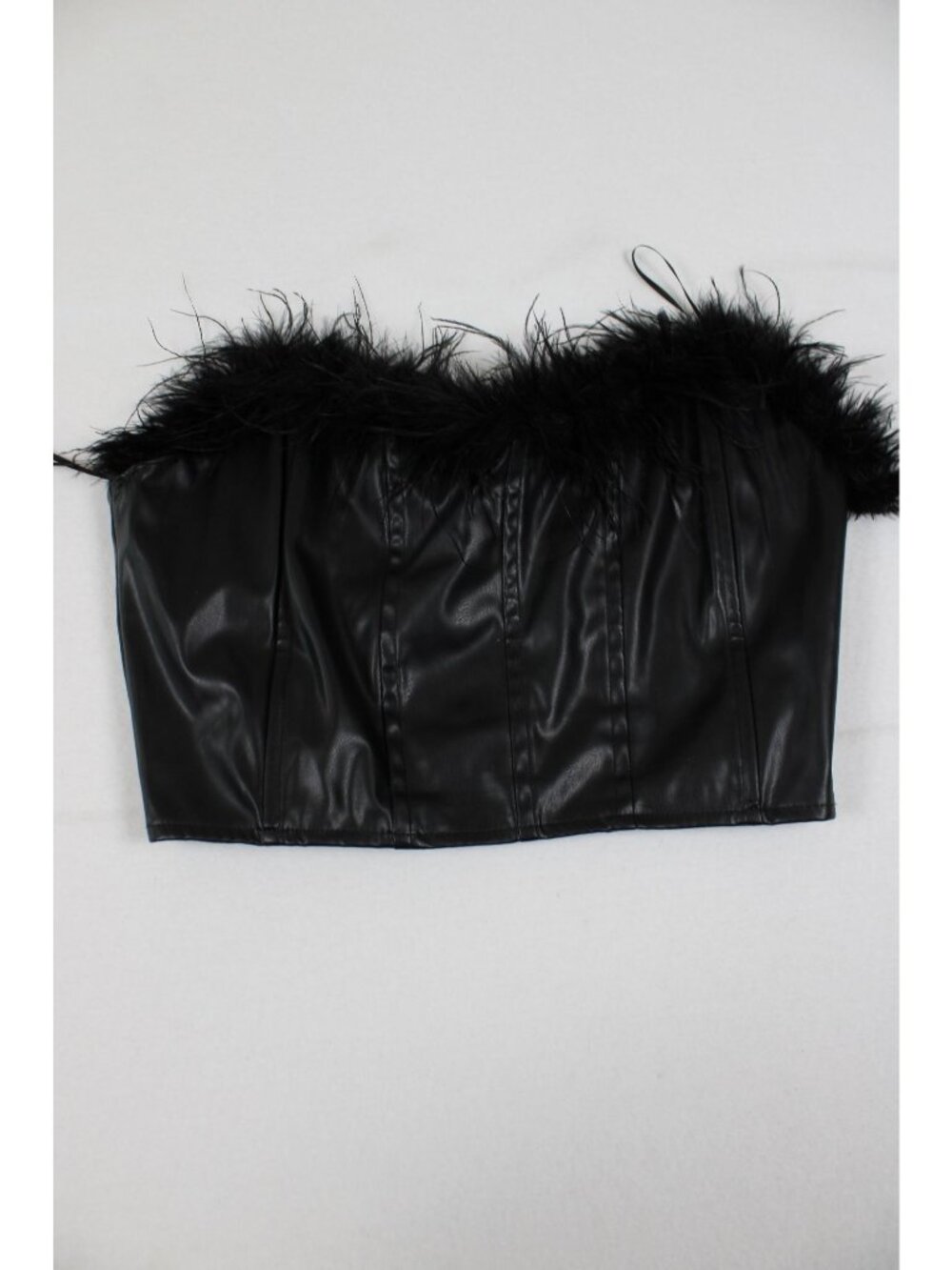 Black Faux Leather Feather Trim Strapless Corset Top Size M